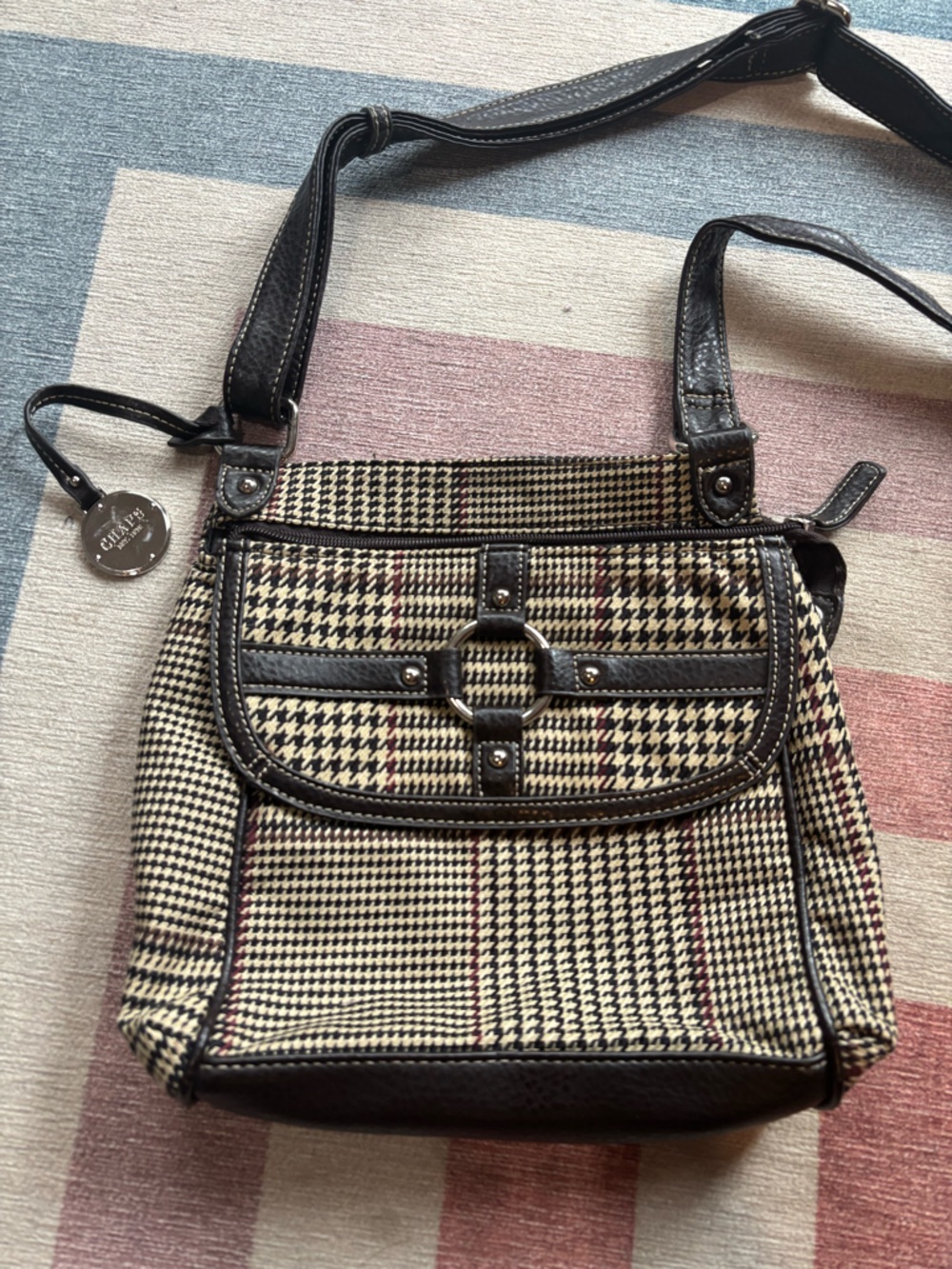 Vintage 90s Preppy Houndstooth Crossbody Bag with Dark Brown Leather Trim